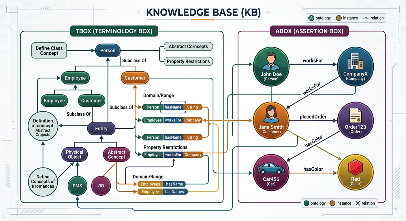 A high-level architectural diagram showing a Knowledge Base split into a TBox on the left, containing abstract classes and hierarchy trees, and an ABox on the right, containing interconnected instance data nodes.